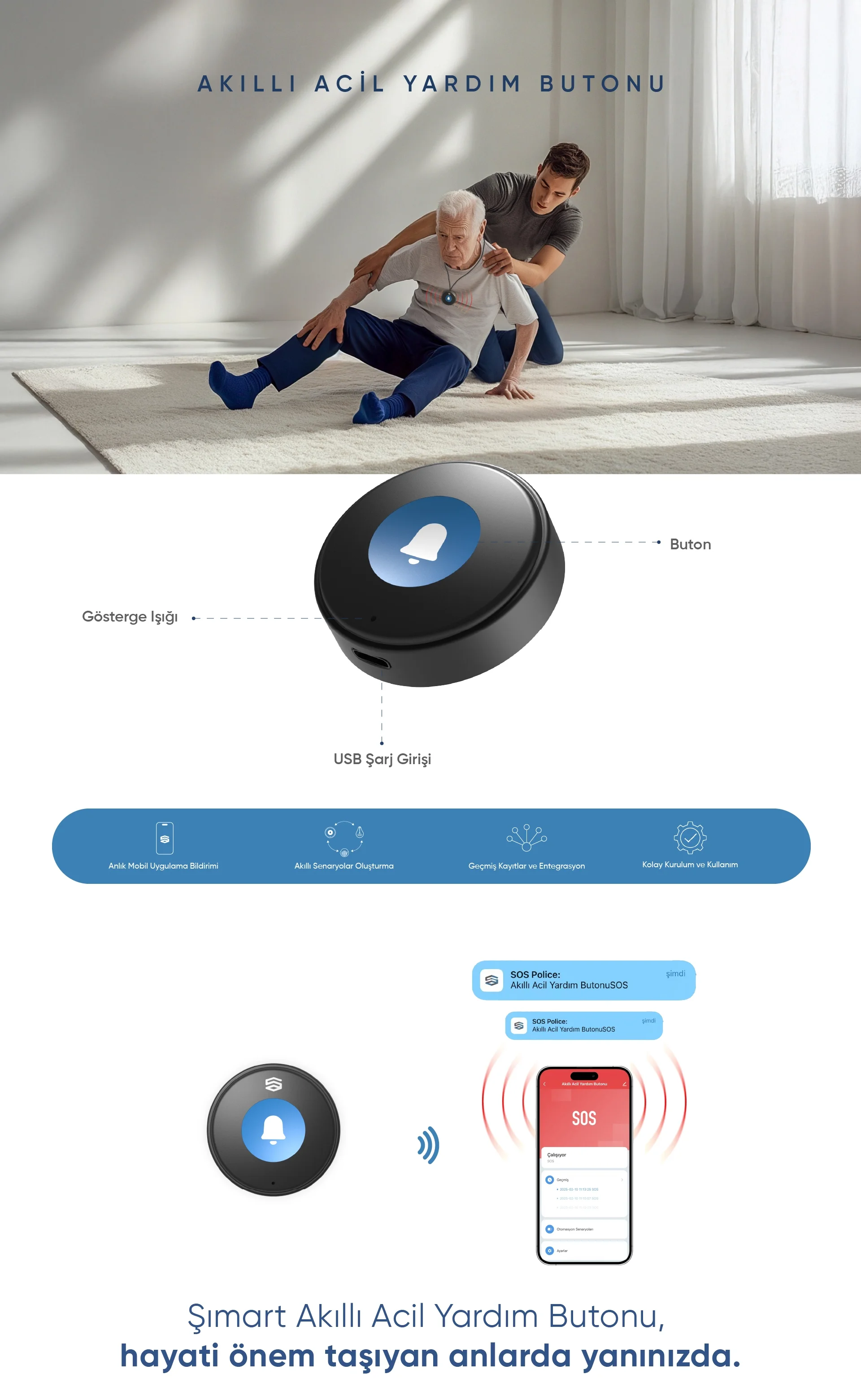 Akıllı Acil Yardım Butonu - Akıllı Acil Yardım Butonu, Akıllı ev cihazı, IoT teknolojisi, Akıllı telefon kontrolü, Enerji tasarrufu IoT, Güvenlik IoT ürünü, Akıllı yaşam teknolojisi, Evinizi akıllandırın, IoT ile akıllı ev, Akıllı ev otomasyonu
