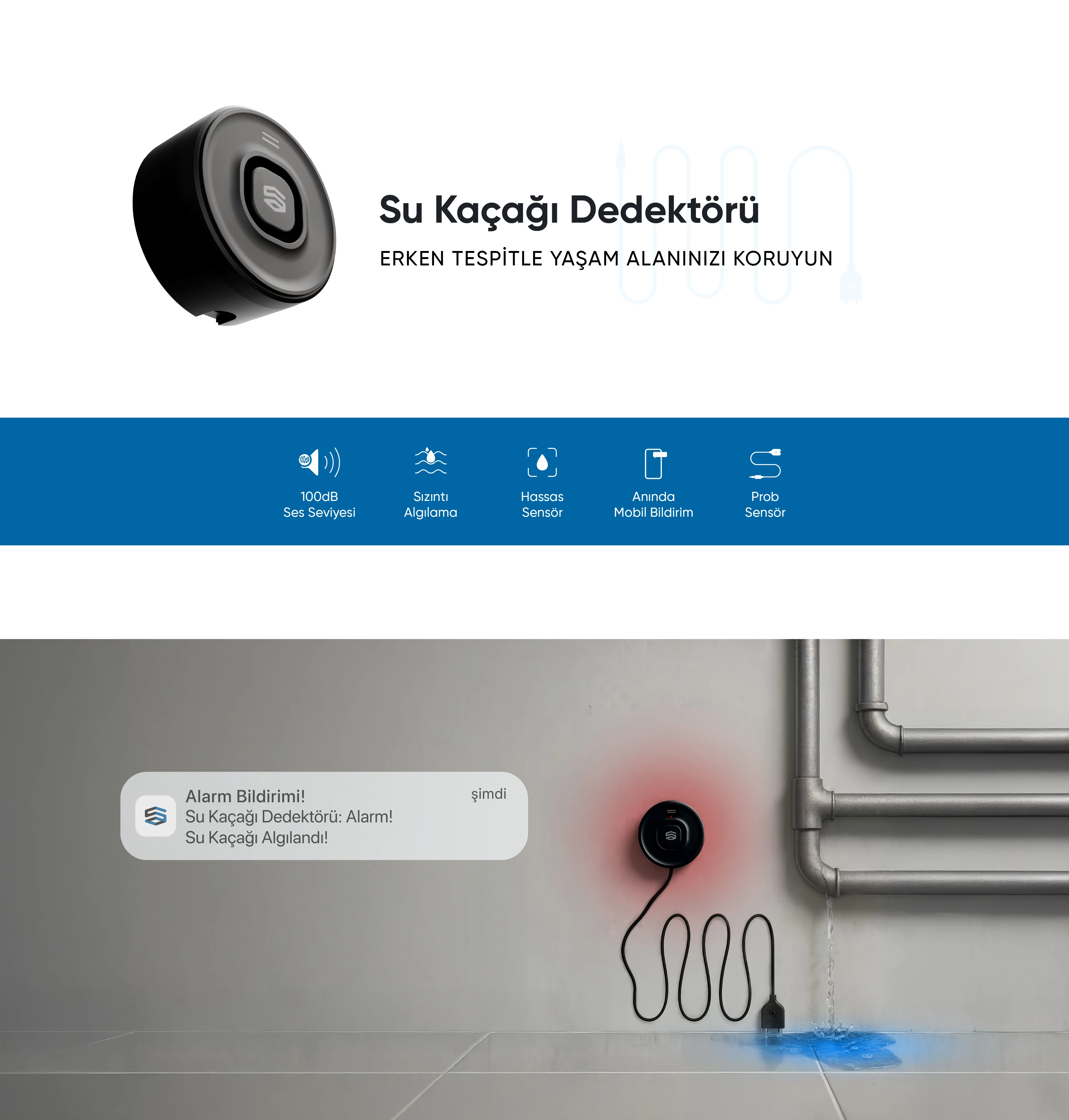 Su Kaçağı Dedektörü - Su Kaçağı Dedektörü, Akıllı ev cihazı, IoT teknolojisi, Akıllı telefon kontrolü, Enerji tasarrufu IoT, Güvenlik IoT ürünü, Akıllı yaşam teknolojisi, Evinizi akıllandırın, IoT ile akıllı ev, Akıllı ev otomasyonu