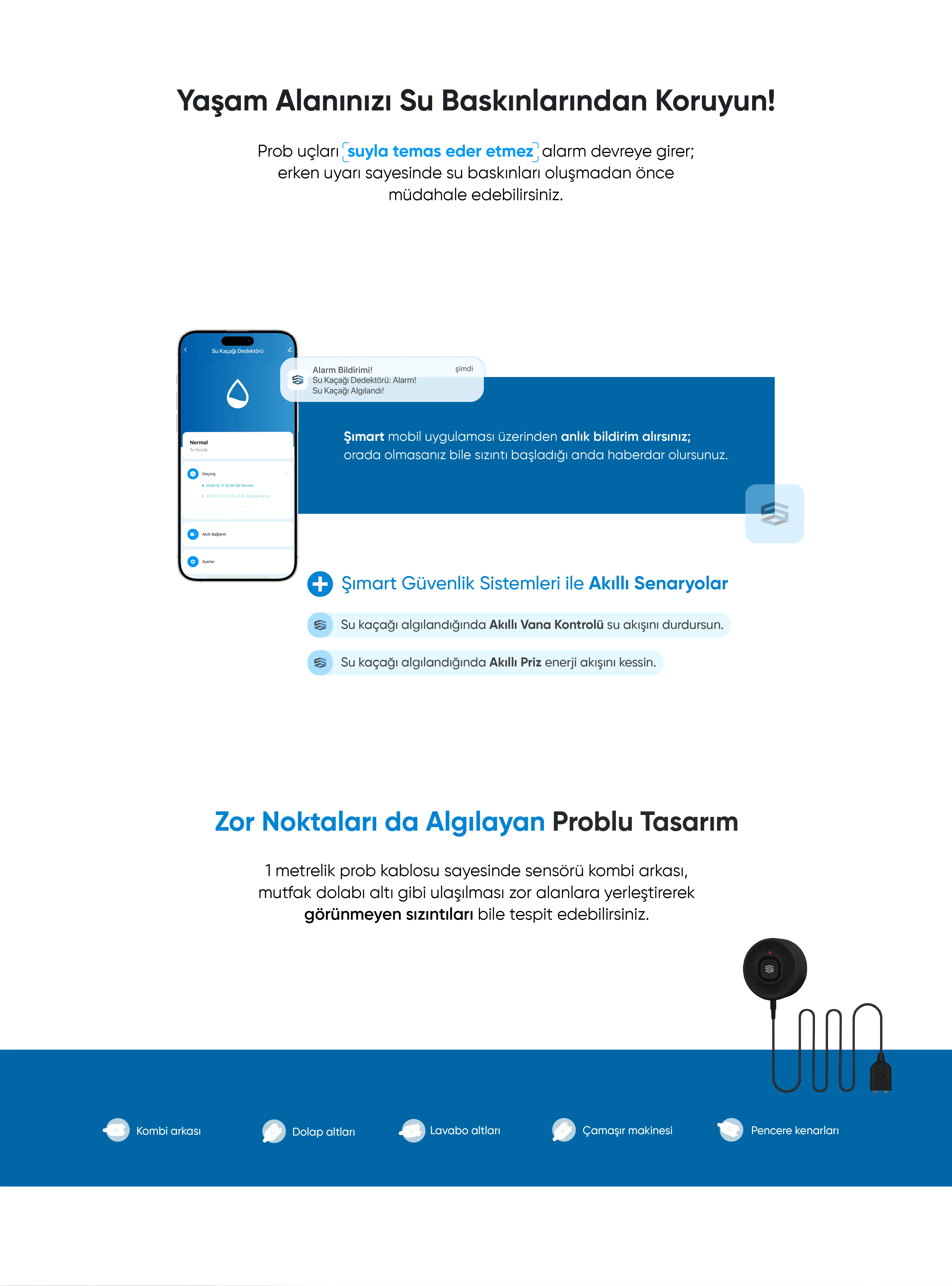Su Kaçağı Dedektörü - Su Kaçağı Dedektörü, Akıllı ev cihazı, IoT teknolojisi, Akıllı telefon kontrolü, Enerji tasarrufu IoT, Güvenlik IoT ürünü, Akıllı yaşam teknolojisi, Evinizi akıllandırın, IoT ile akıllı ev, Akıllı ev otomasyonu