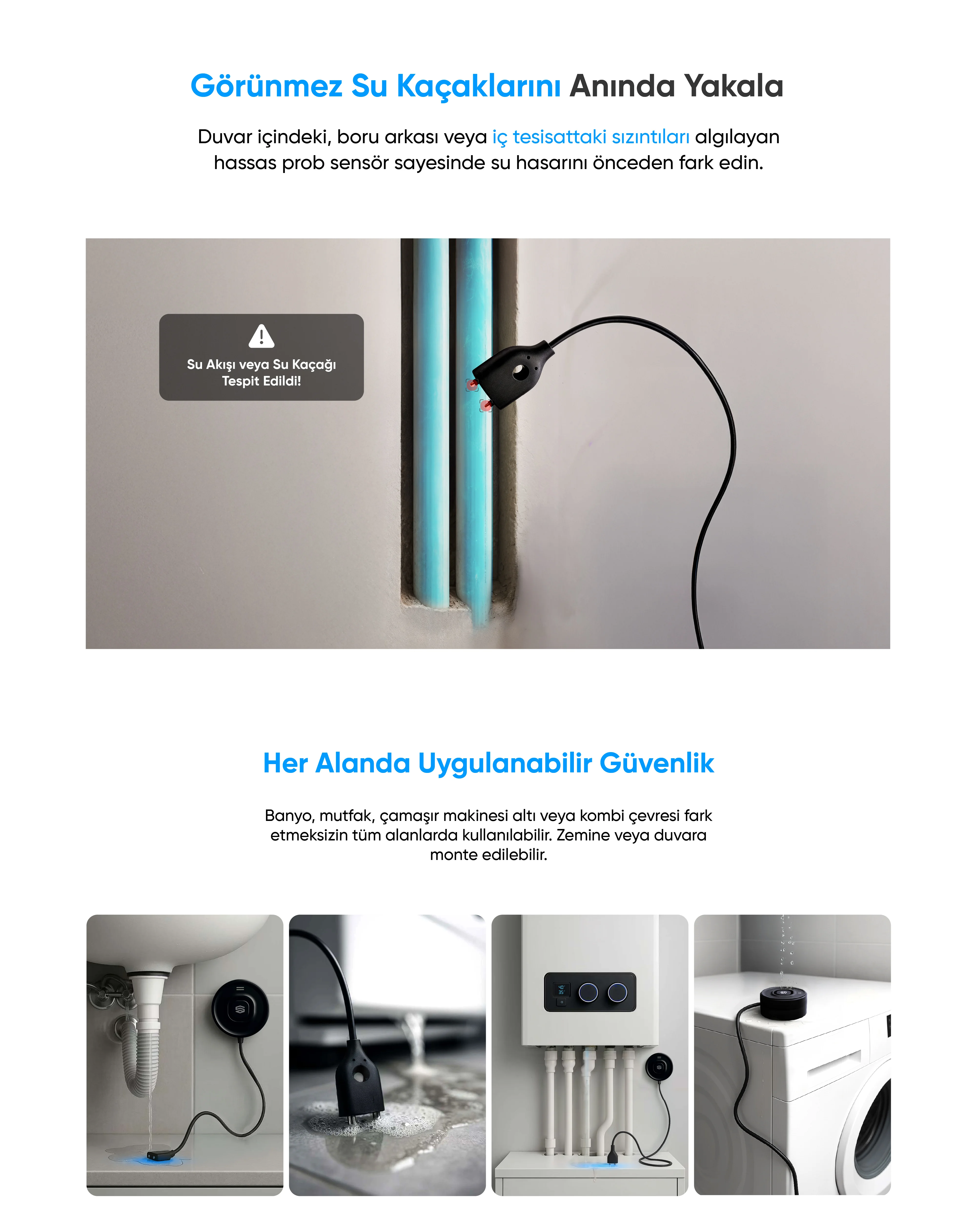 Su Kaçağı Dedektörü - Su Kaçağı Dedektörü, Akıllı ev cihazı, IoT teknolojisi, Akıllı telefon kontrolü, Enerji tasarrufu IoT, Güvenlik IoT ürünü, Akıllı yaşam teknolojisi, Evinizi akıllandırın, IoT ile akıllı ev, Akıllı ev otomasyonu