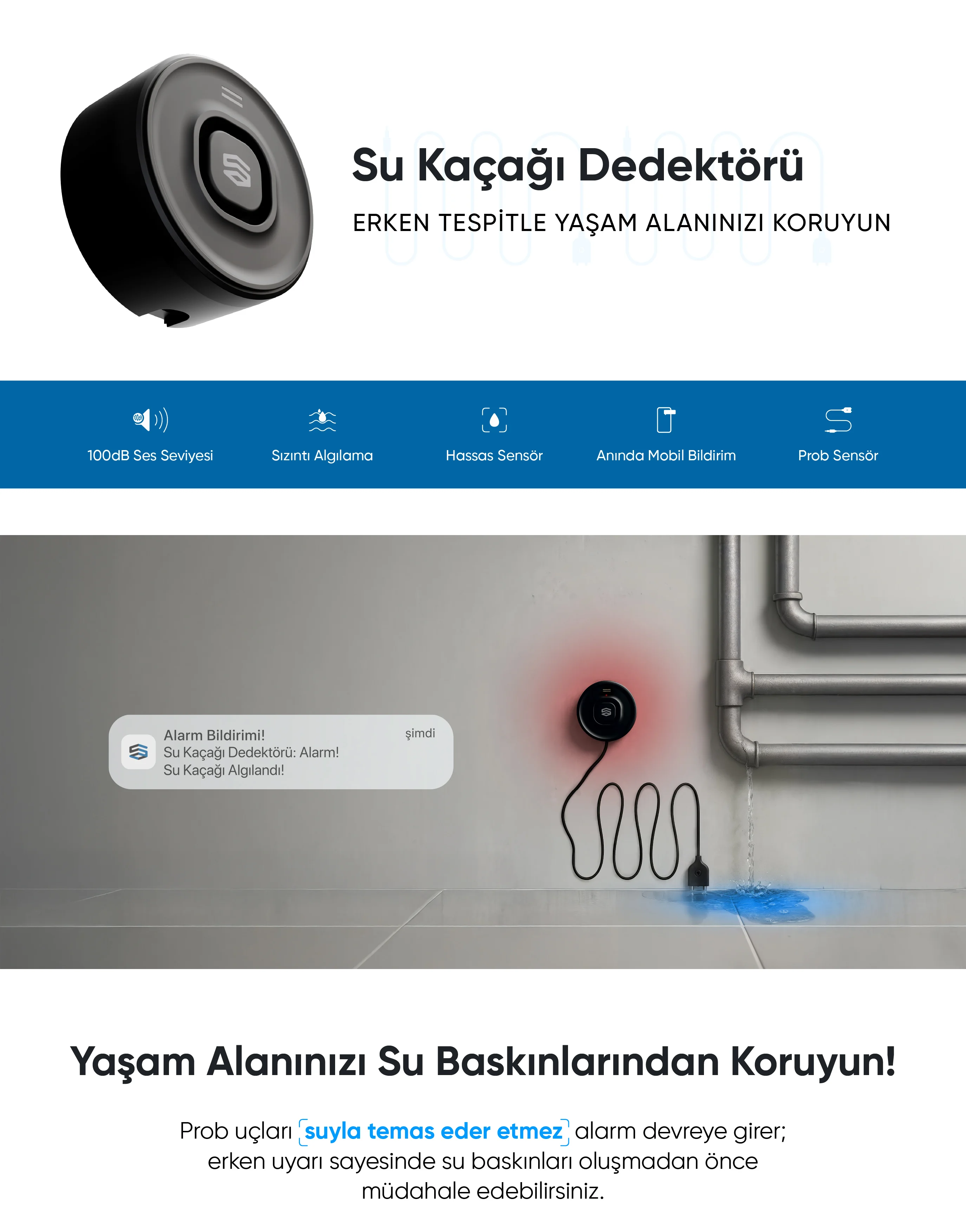 Su Kaçağı Dedektörü - Su Kaçağı Dedektörü, Akıllı ev cihazı, IoT teknolojisi, Akıllı telefon kontrolü, Enerji tasarrufu IoT, Güvenlik IoT ürünü, Akıllı yaşam teknolojisi, Evinizi akıllandırın, IoT ile akıllı ev, Akıllı ev otomasyonu