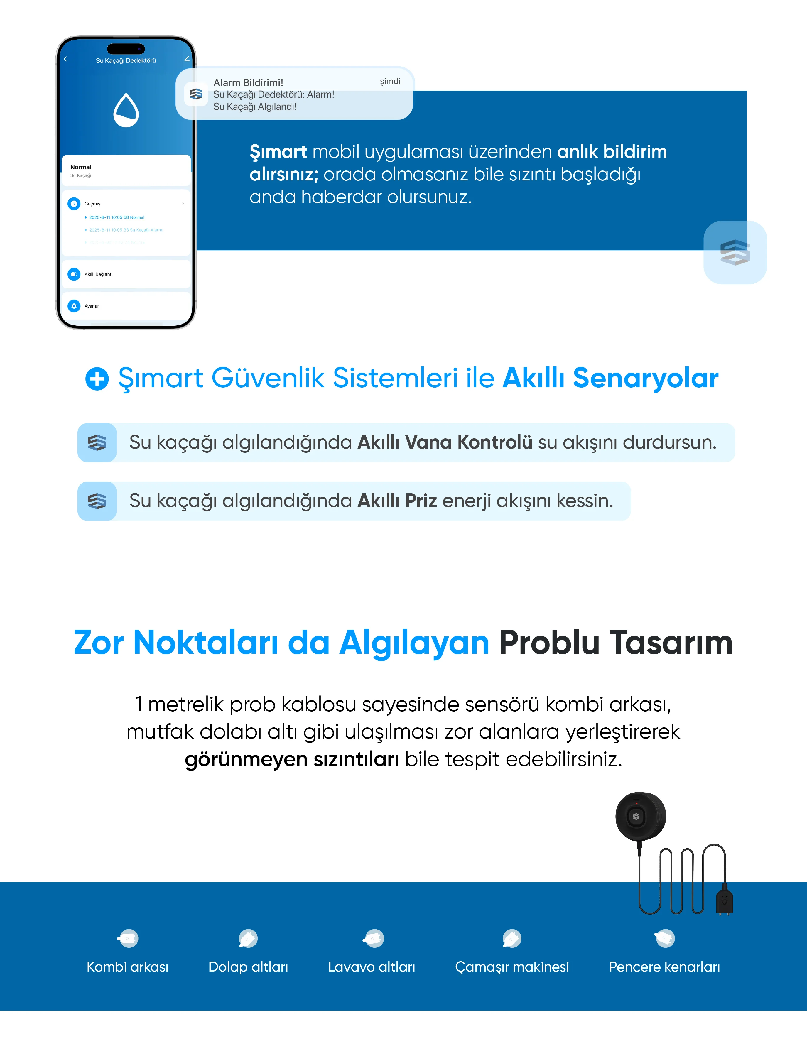 Su Kaçağı Dedektörü - Su Kaçağı Dedektörü, Akıllı ev cihazı, IoT teknolojisi, Akıllı telefon kontrolü, Enerji tasarrufu IoT, Güvenlik IoT ürünü, Akıllı yaşam teknolojisi, Evinizi akıllandırın, IoT ile akıllı ev, Akıllı ev otomasyonu