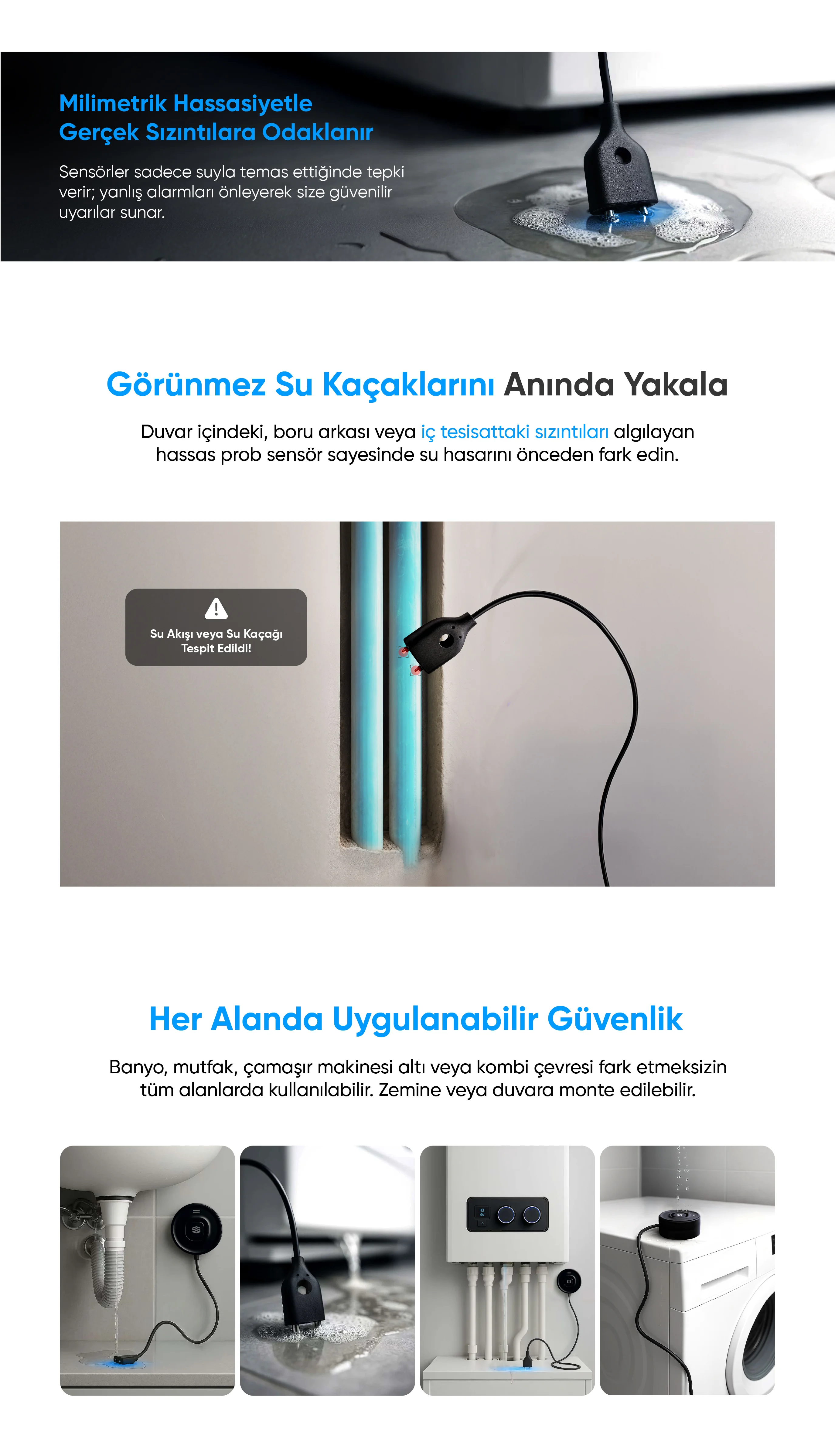 Su Kaçağı Dedektörü - Su Kaçağı Dedektörü, Akıllı ev cihazı, IoT teknolojisi, Akıllı telefon kontrolü, Enerji tasarrufu IoT, Güvenlik IoT ürünü, Akıllı yaşam teknolojisi, Evinizi akıllandırın, IoT ile akıllı ev, Akıllı ev otomasyonu