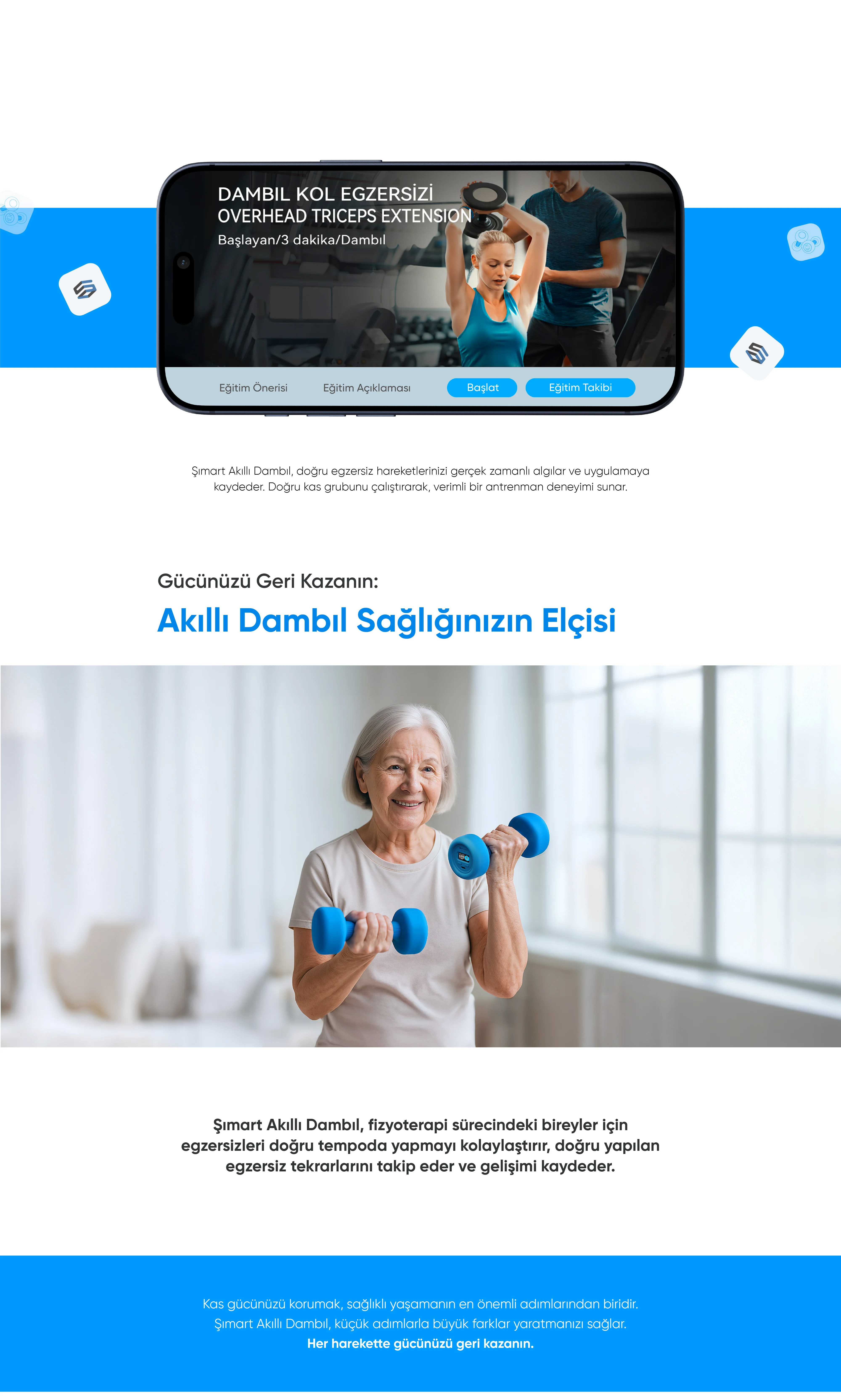 Akıllı Dambıl - akıllı dambıl, sesli dambıl, yaşlılar için dambıl, yaşlılar için kol egzersizi, kas erimesi için dambıl, bluetooth özellikli dambıl, evde spor için dambıl, şımart akıllı dambıl