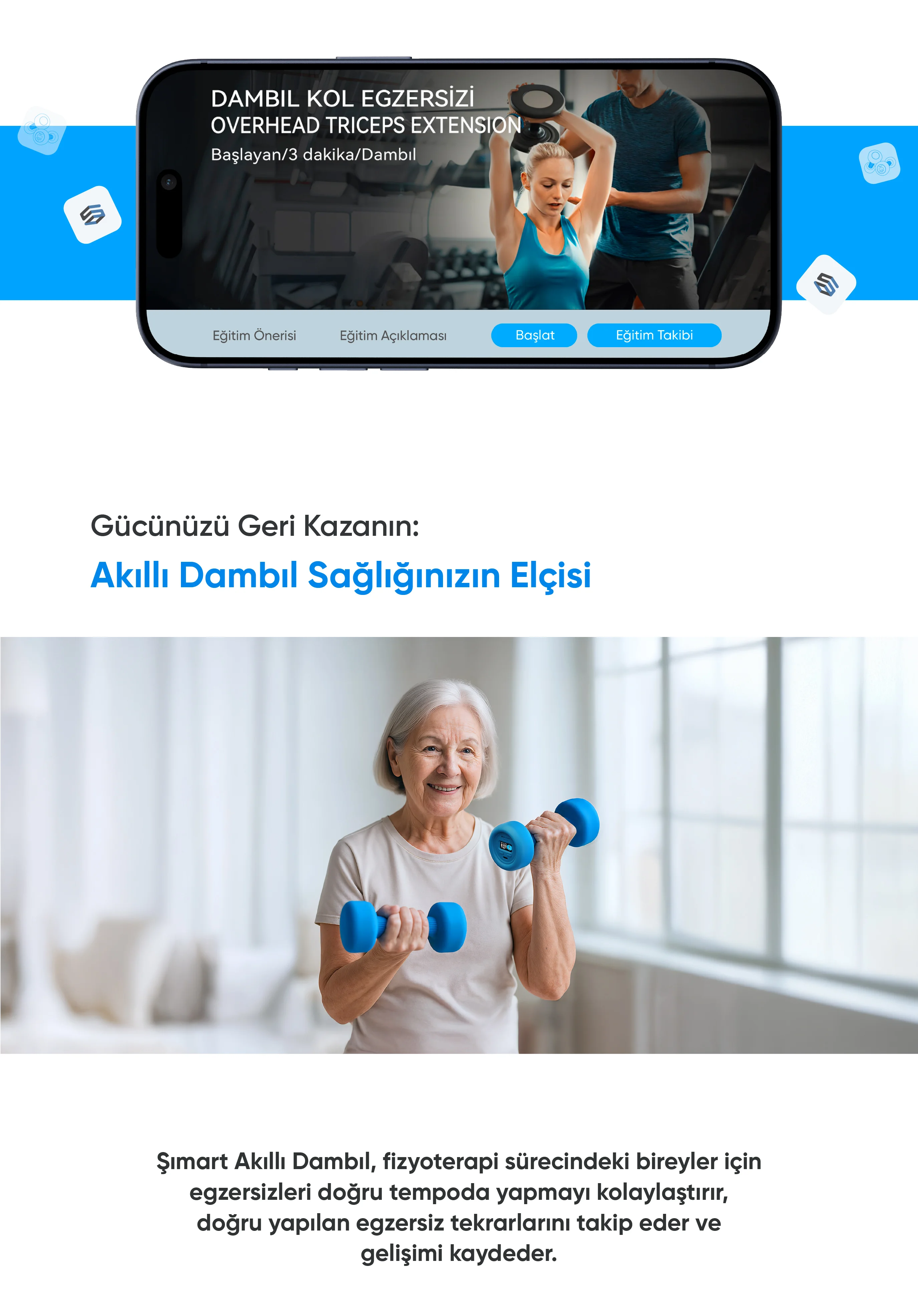 Akıllı Dambıl - akıllı dambıl, sesli dambıl, yaşlılar için dambıl, yaşlılar için kol egzersizi, kas erimesi için dambıl, bluetooth özellikli dambıl, evde spor için dambıl, şımart akıllı dambıl