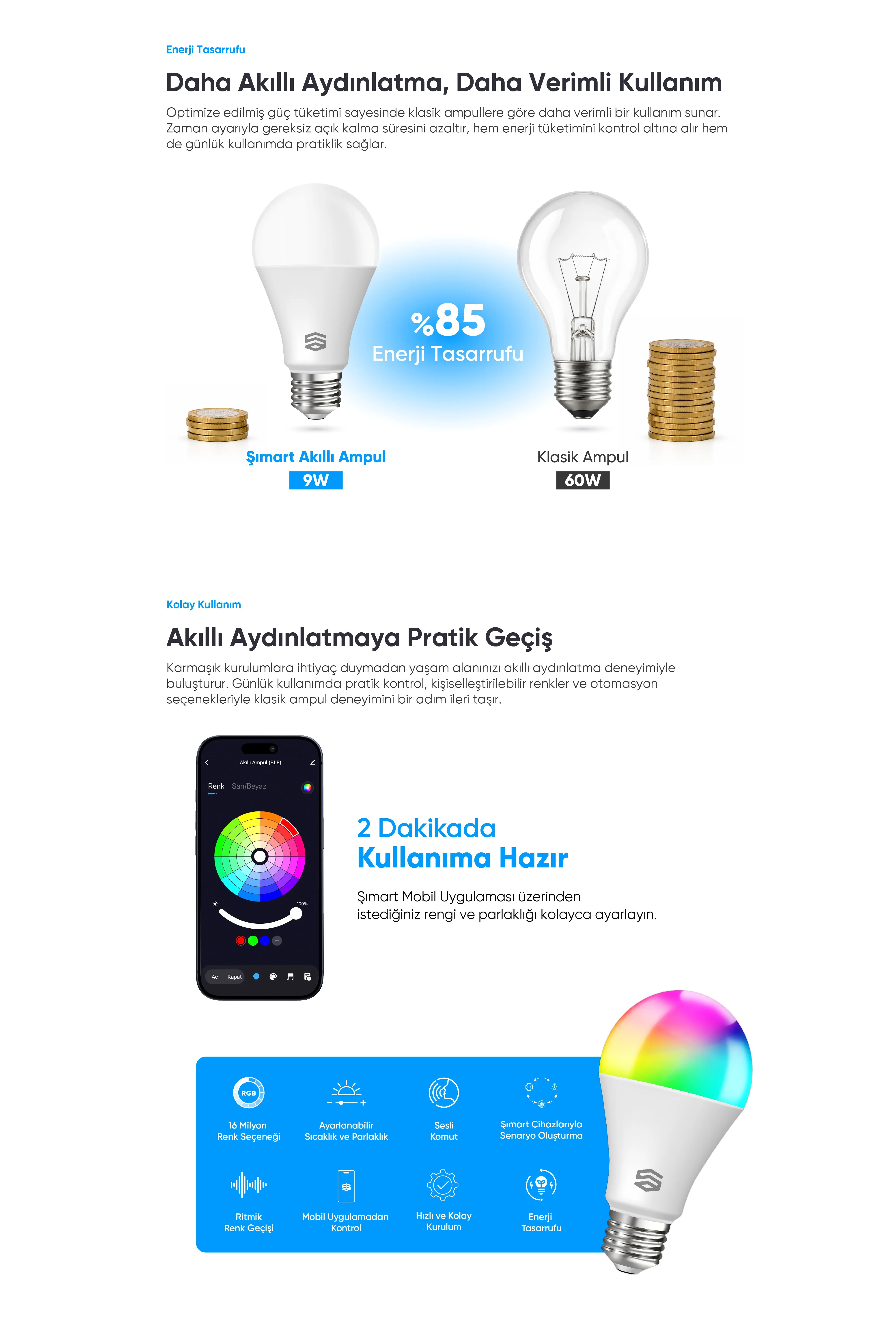 Akıllı Ampul (BLE) - akıllı ampul, rgb ampul, uzaktan kontrollü ampul, wifi ampul